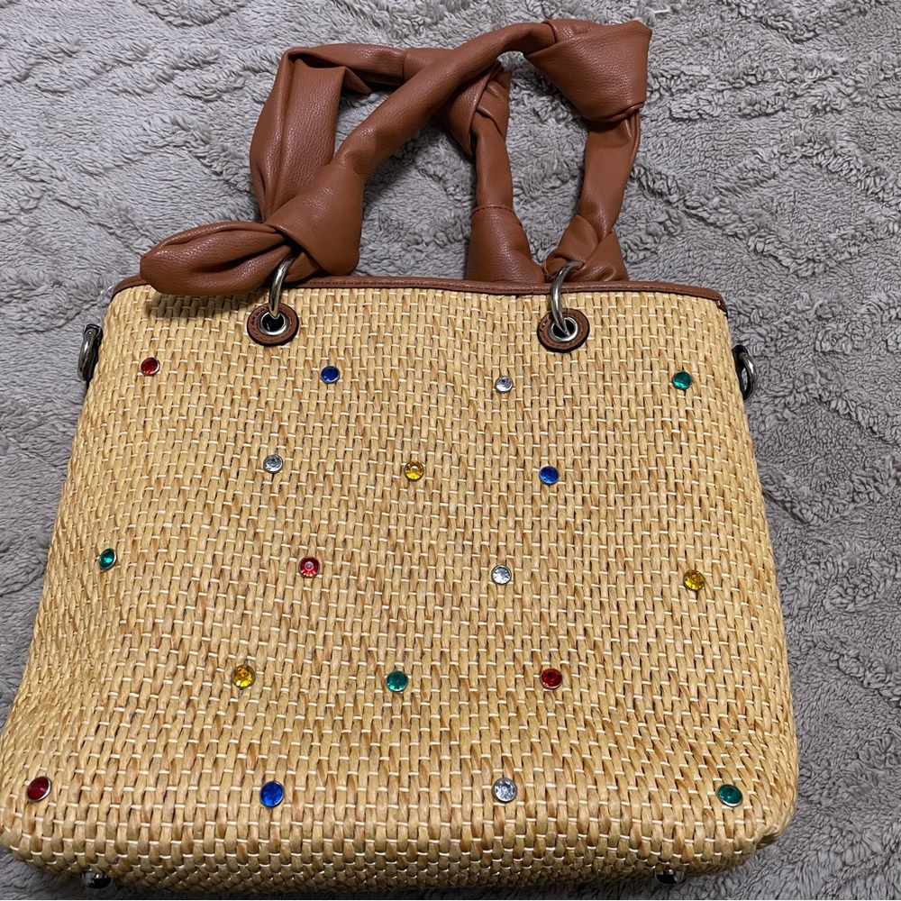 NWOT Brown and Tan Woven Tote Bag with Gem Accents
